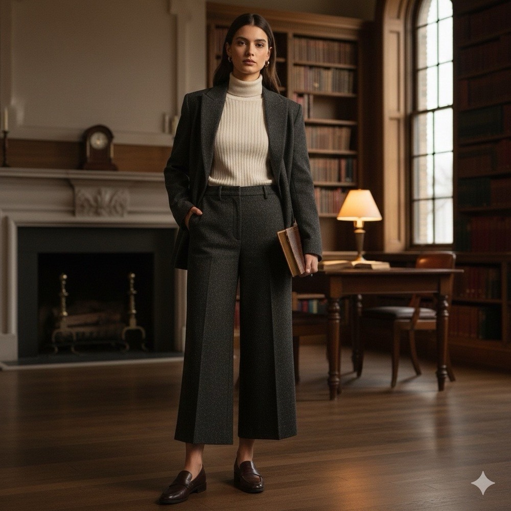 Talbots Wide Leg Wool Blend‎ Trousers Charcoal Grey Tweed Dark Academia Pants